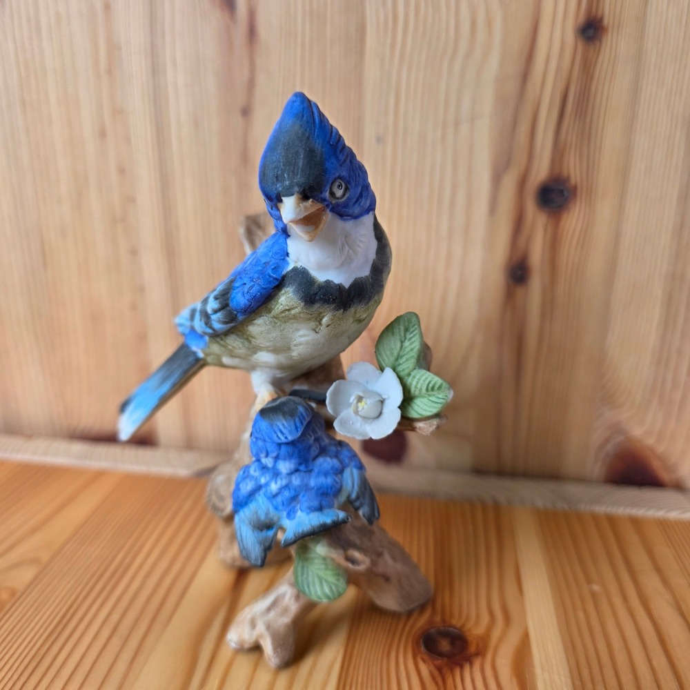Vintage Porcelain Blue Jay and Fledgling Bird Figurine on Branch with Flower